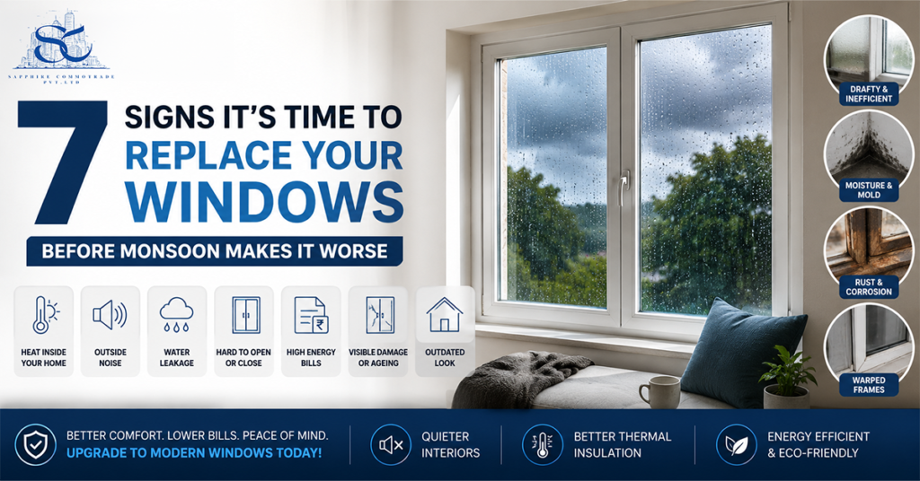 Common signs that indicate your home windows may need replacement including leaks, heat, noise, and damaged frames
